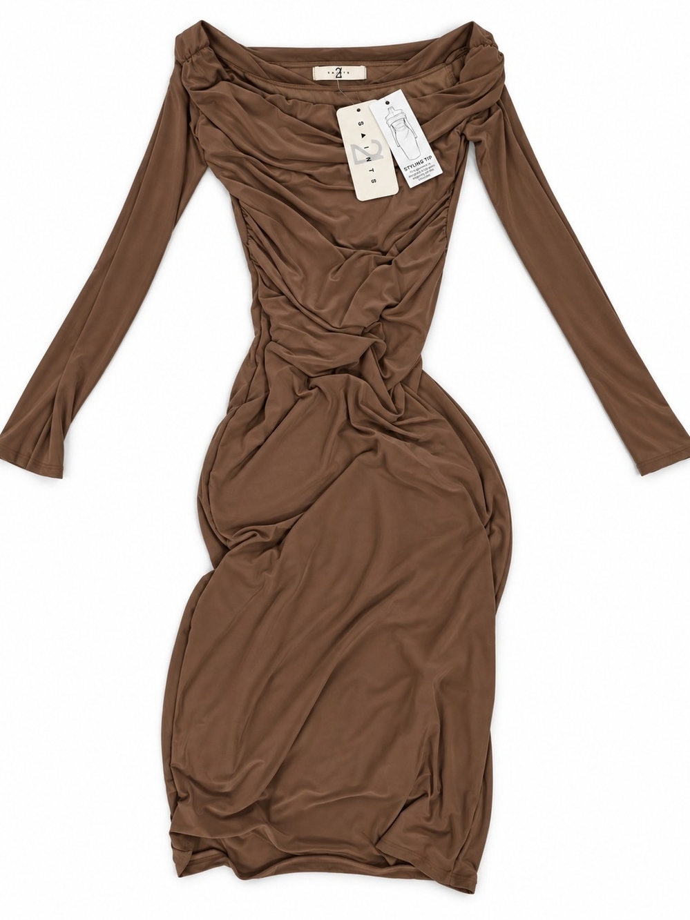 Off-Shoulder Brown Ruched Long-Sleeve Dress 21 Saints NWT